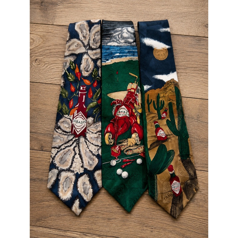 Vintage Tabasco Silk Tie Bundle Oysters Lobster Cactus 3pc Western Novelty
